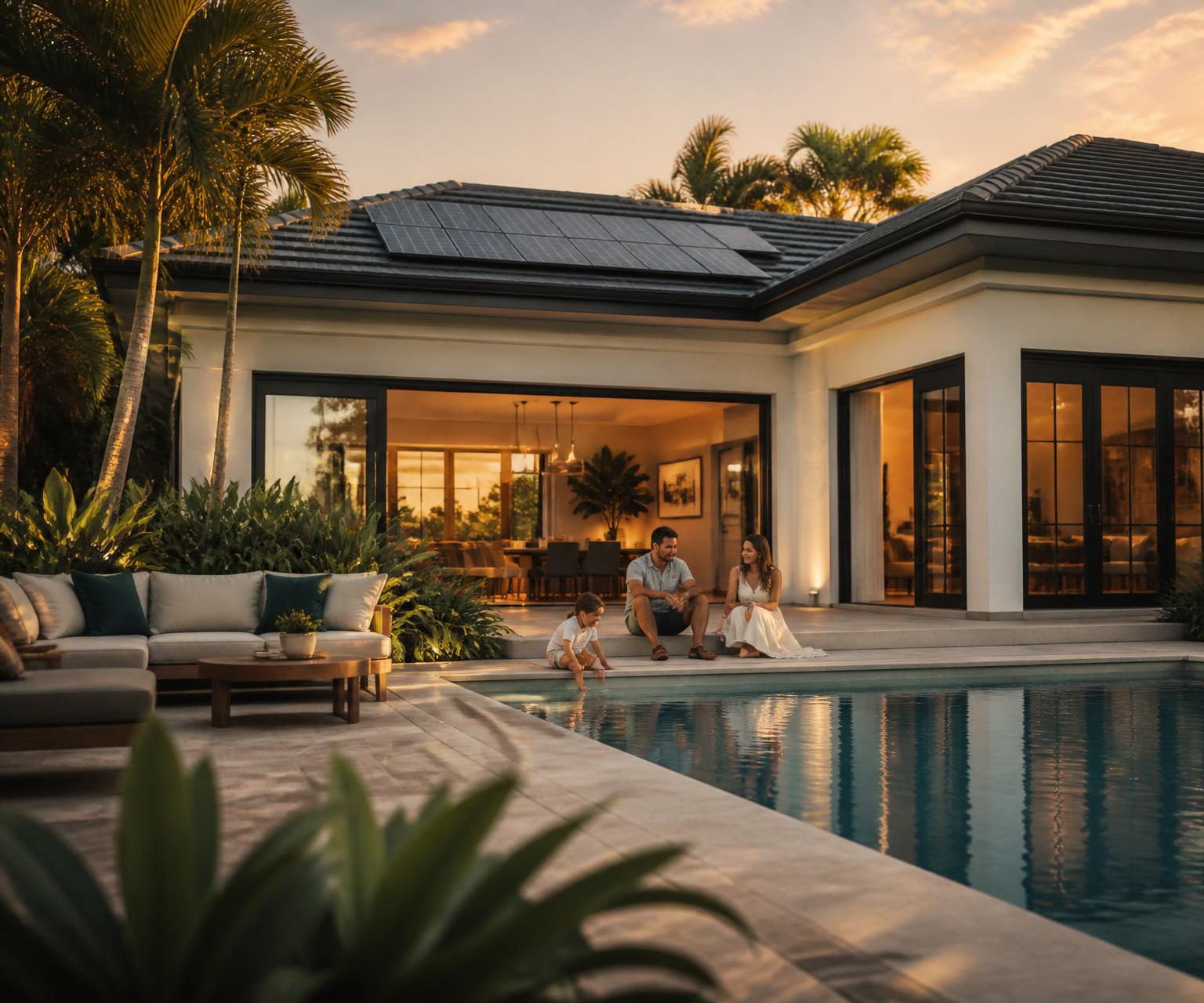 Modern Florida home at golden hour with palm trees, family relaxing by the pool, and rooftop solar panels